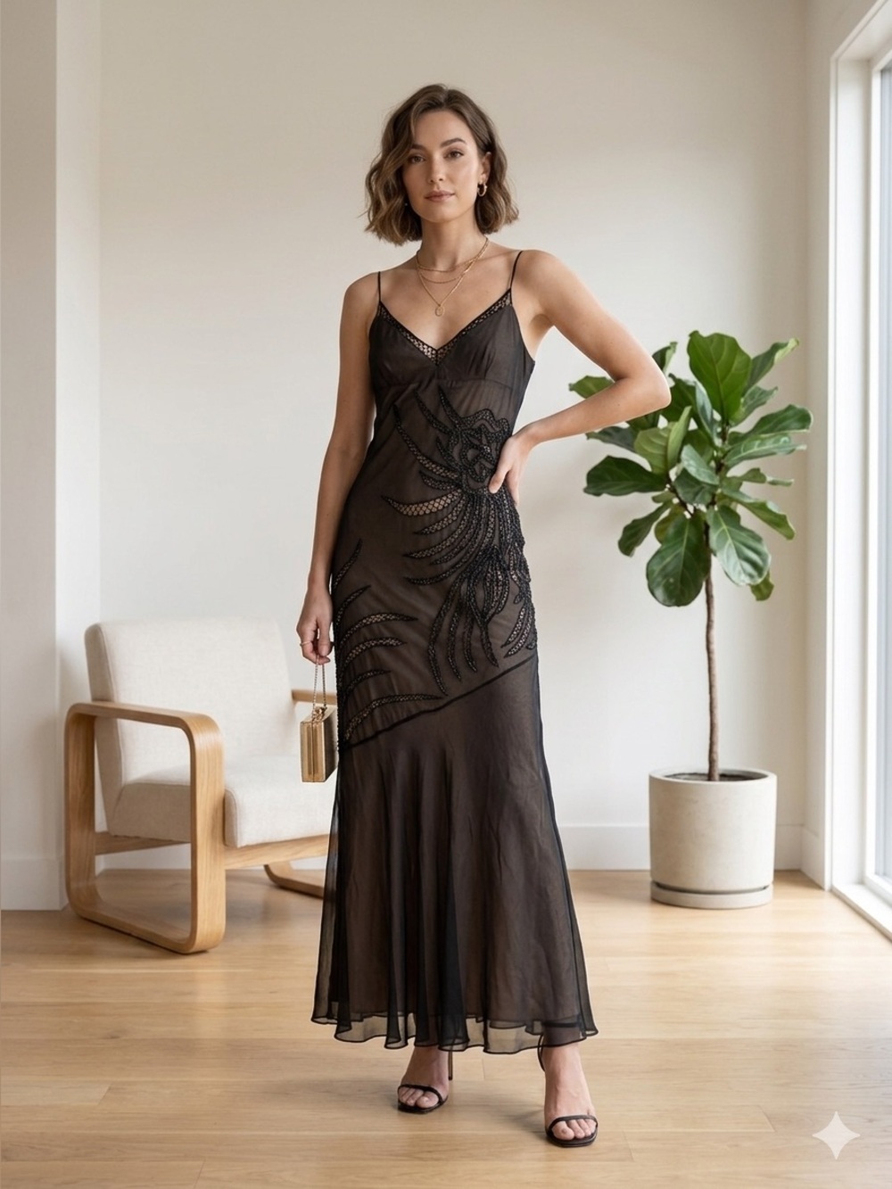 Vintage 90s BCBG MaxAzria Black Silk Beaded Maxi Dress | ASO Tell Me Lies - US 6 - Picture 2 of 7